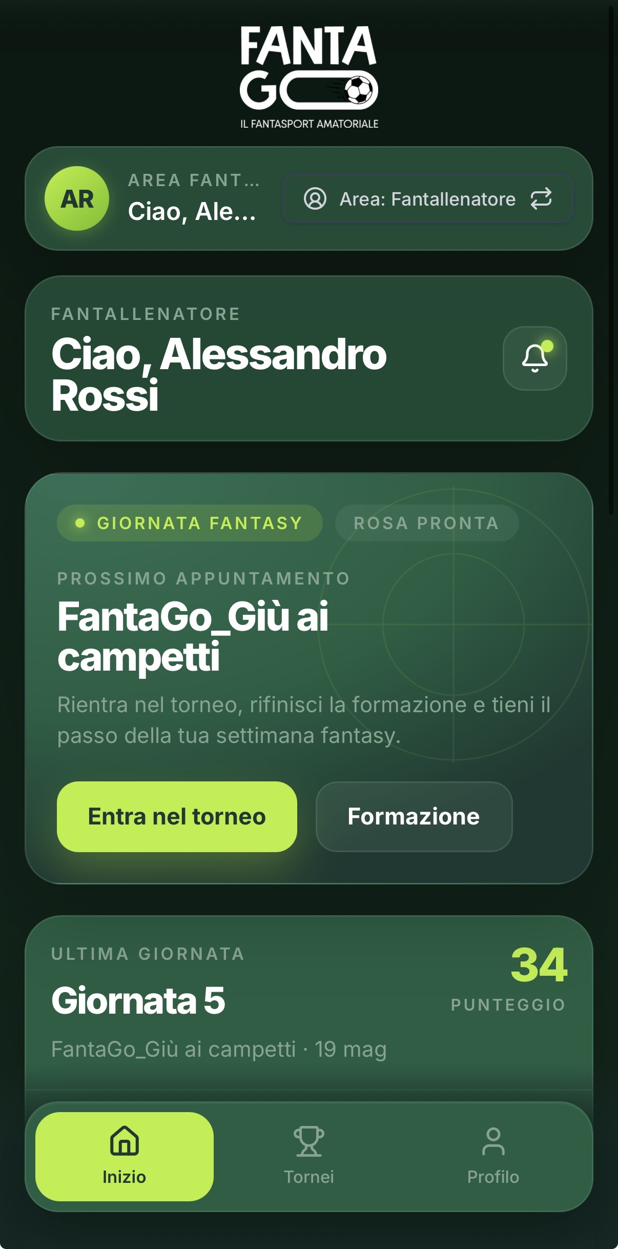 Schermata reale di Fantago lato fantallenatore con dashboard torneo da smartphone.